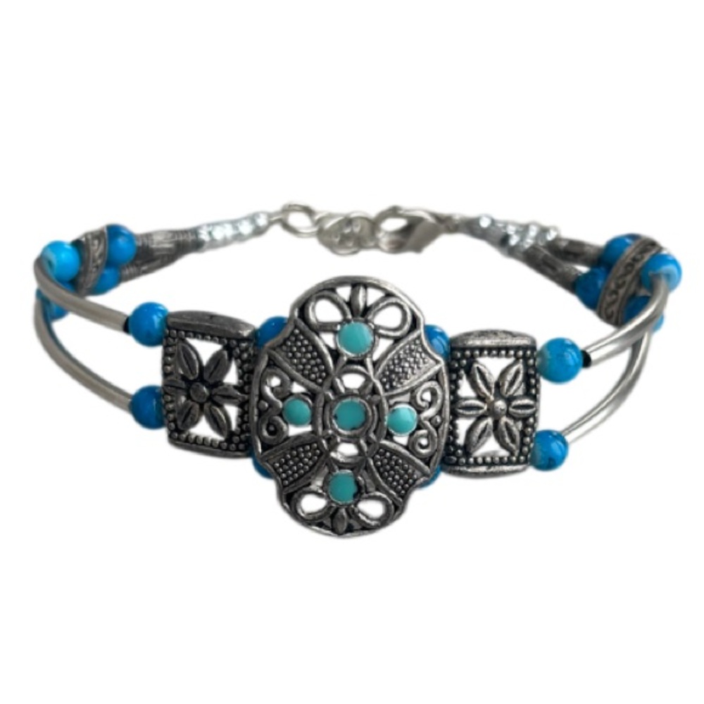 Vintage Silver Cuff Bracelet Handmade Hand Crafted Jewelry Blue Green Turquoise - Picture 3 of 16